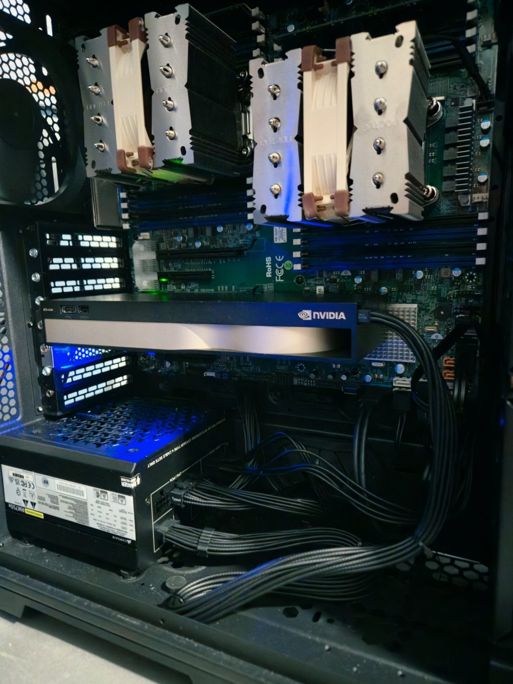 Close-up of the dual Xeon board, ECC RDIMMs and the RTX 4500 Ada in the top PCIe slot