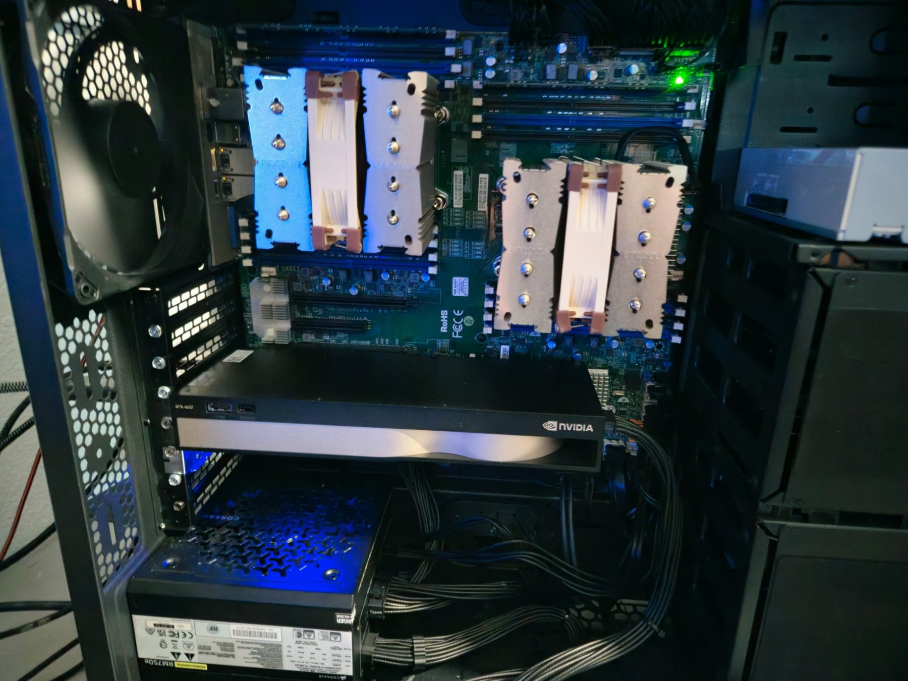 Dual Xeon E5-2680 v4 Supermicro X10DRi-T build with twin Noctua coolers and an NVIDIA RTX 4500 Ada